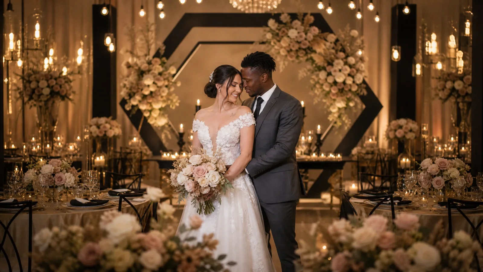 Casal em uma celebração de casamento, com decoração floral e iluminação acolhedora